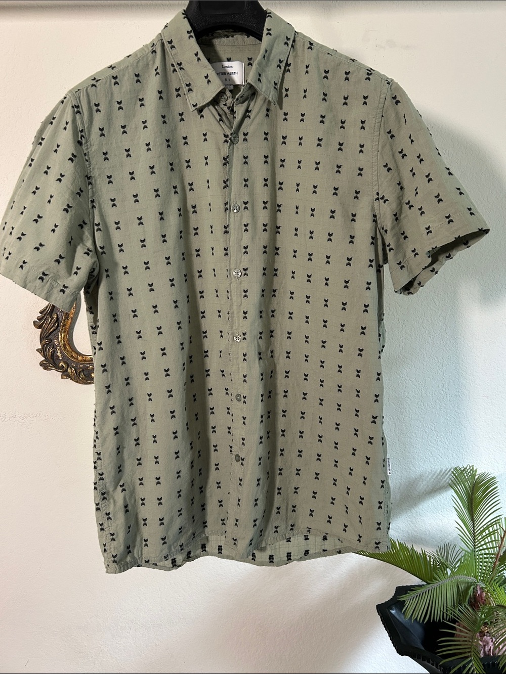 Men's Short-Sleeve Button-Down Shirt in Olive with Black Print